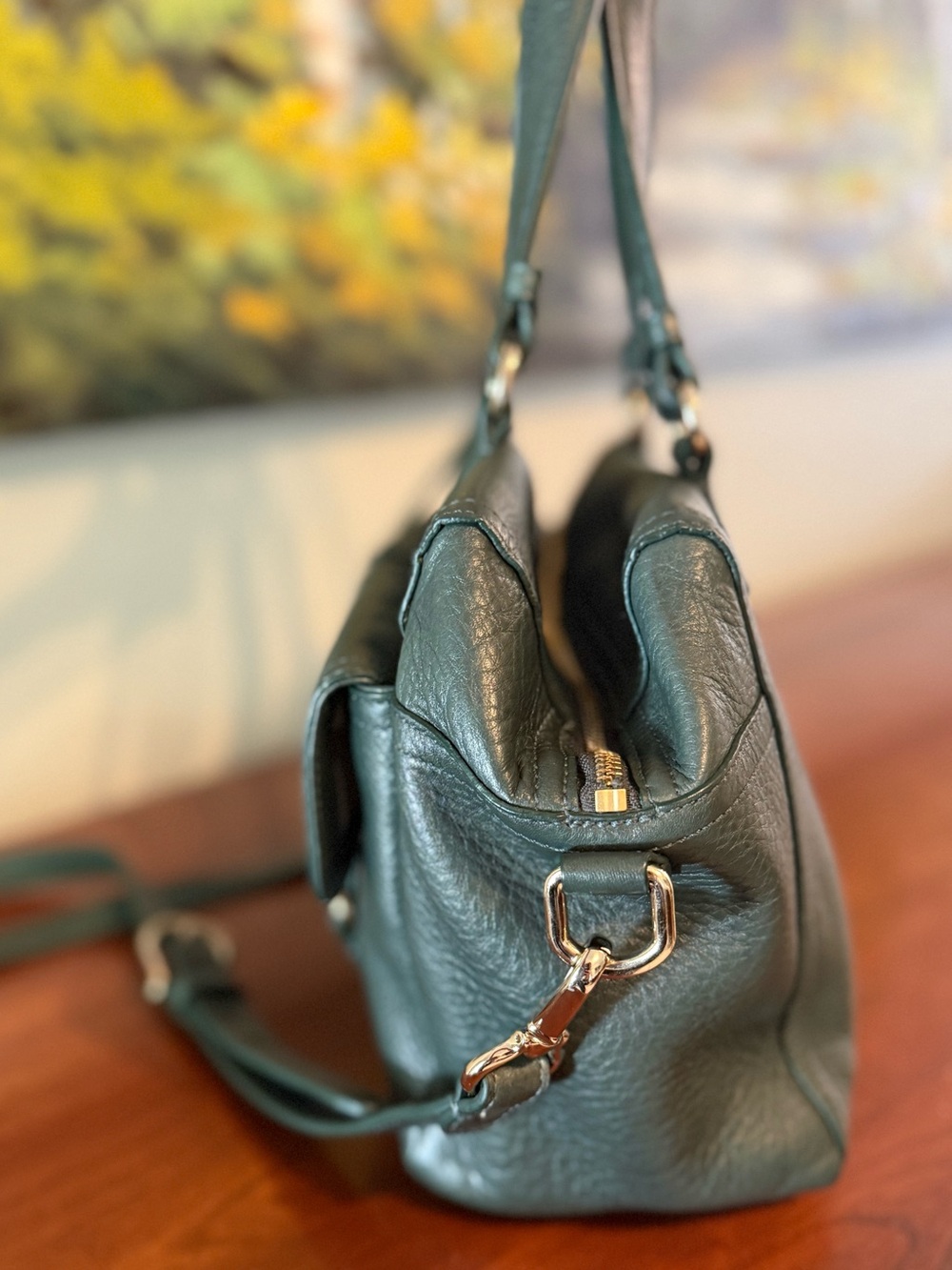 Cole Haan Pebbled Leather Satchel Crossbody Bag Forest Green Double Pocket EUC - Picture 4 of 9